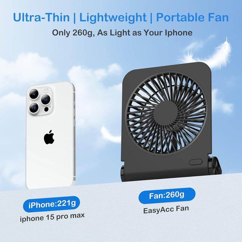 EasyAcc Small Travel Desk Fan, 4000 mAh Slim Portable Fan for Slumber Pod Camping, 180°Tilt Folding, Fully Foldable, Rechargeable, Office Desktop Desk Camping Travel Accessories - Image 3